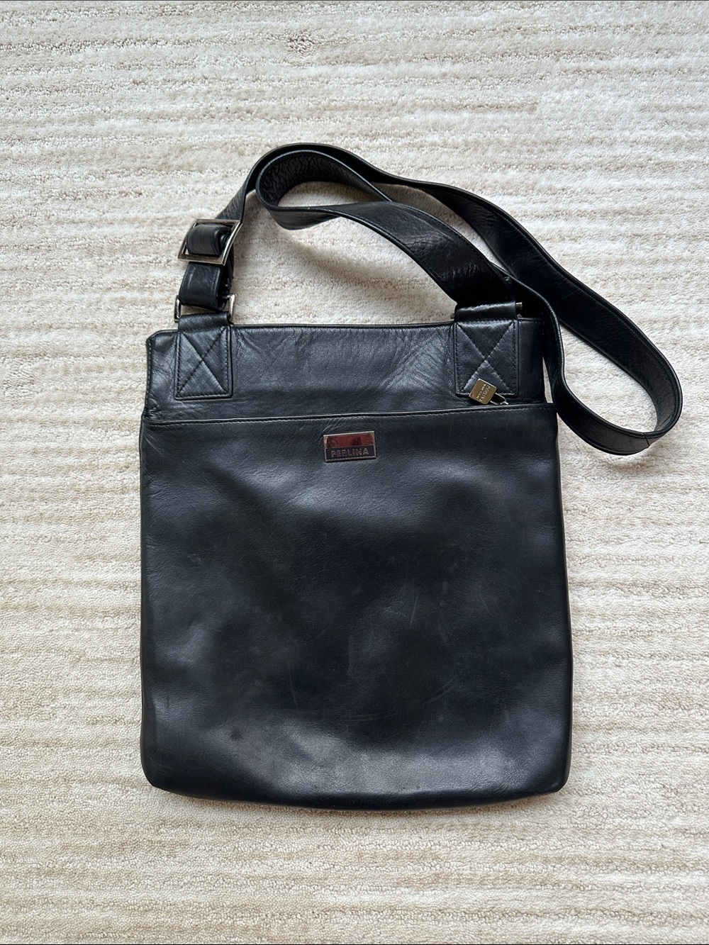 90's Vintage PERLINA Black Leather Slim Crossbody Shoulder Bag 12x10